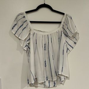 Lush Off the Shoulder White Short Sleeve Blouse with Blue Detailing Pattern